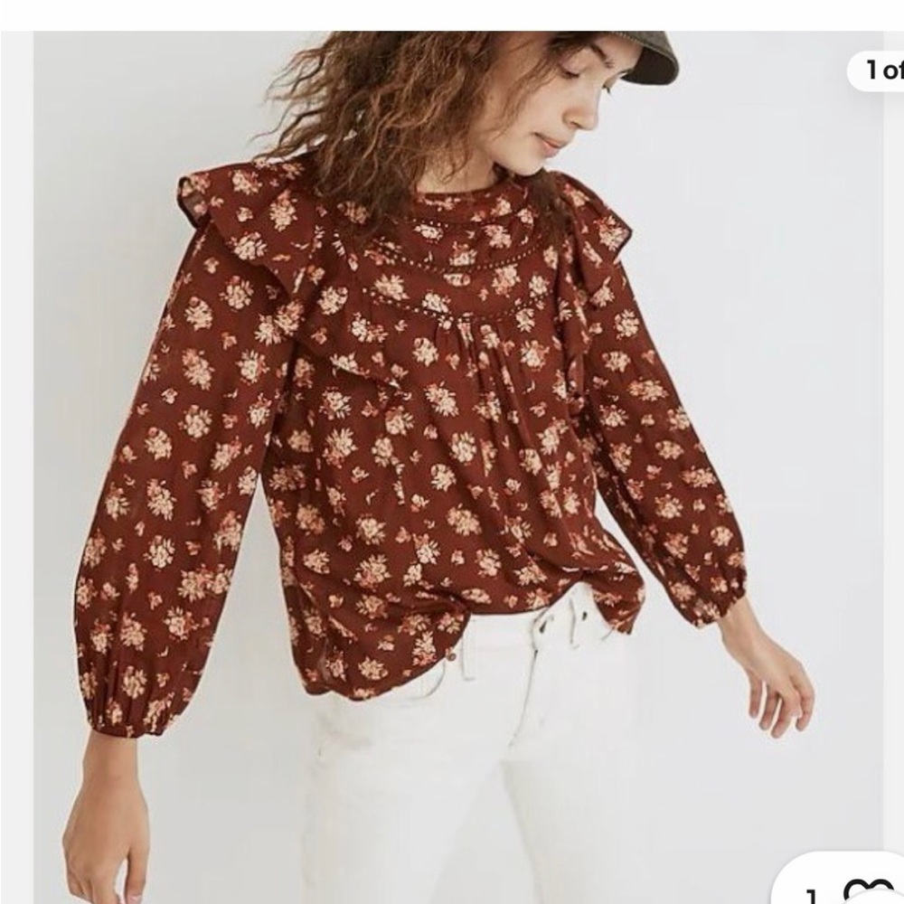 Madewell Ladder Trim Ruffle top burgundy floral Loose boho Women’s oversized XS